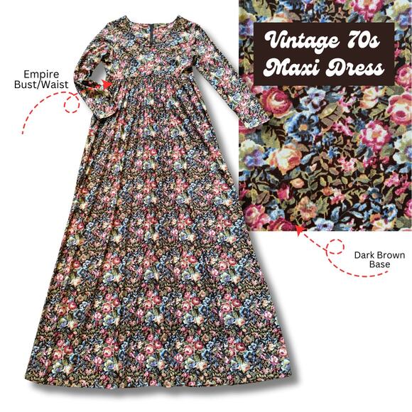 -TALL-Vintage Maxi Dress Brown Floral Fall Winter Hippie Boho Artsy Folksy Gypsy - Picture 1 of 12